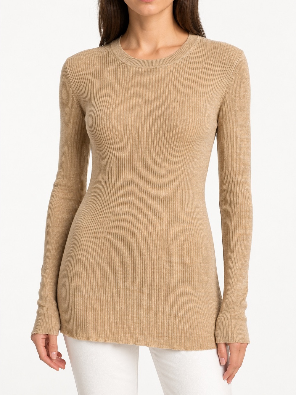 Prada Made in Italy Beige Ribbed Knit Long Sleeve Tunic Top Size 46 US 10
